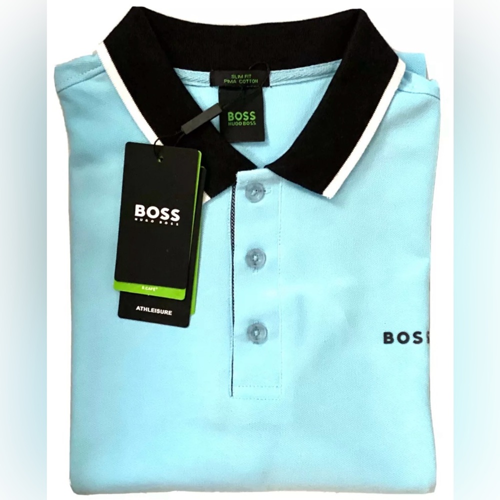 NEW HUGO BOSS 3 BUTTON SLIM FIT PIMA COTTON POLO SHIRT XL AQUA